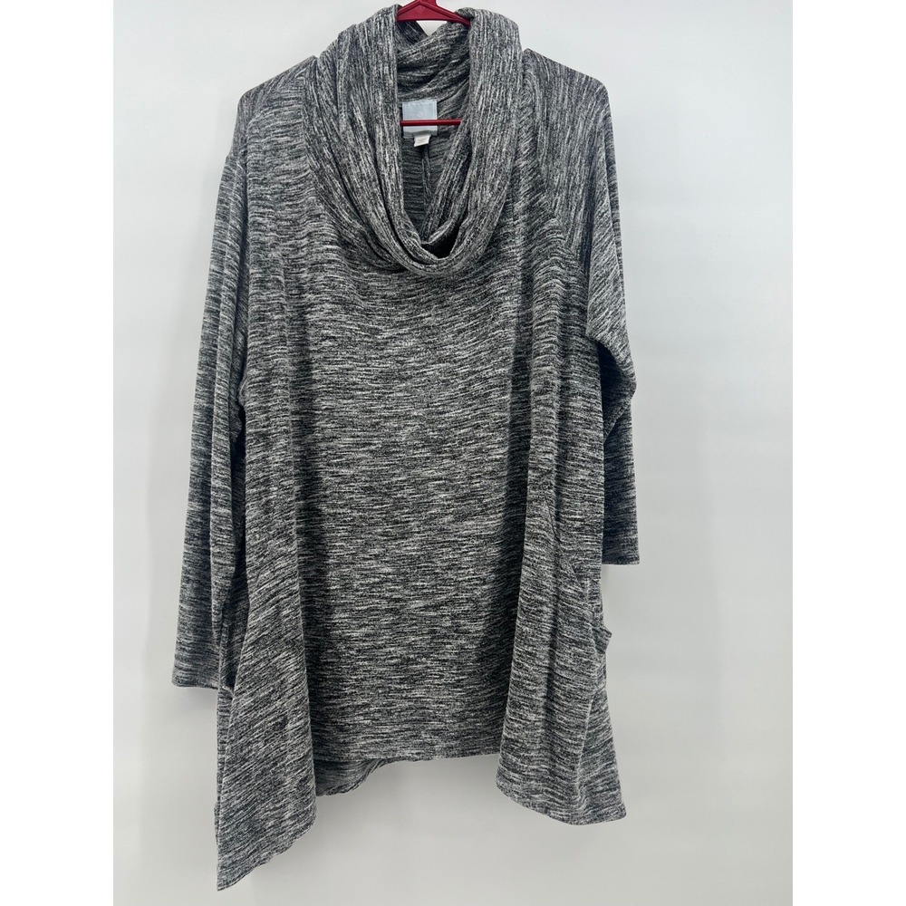 Sunday Tunic Sweater Womens 2X Black White Space Dye Cowl Neck Handkerchief Hem